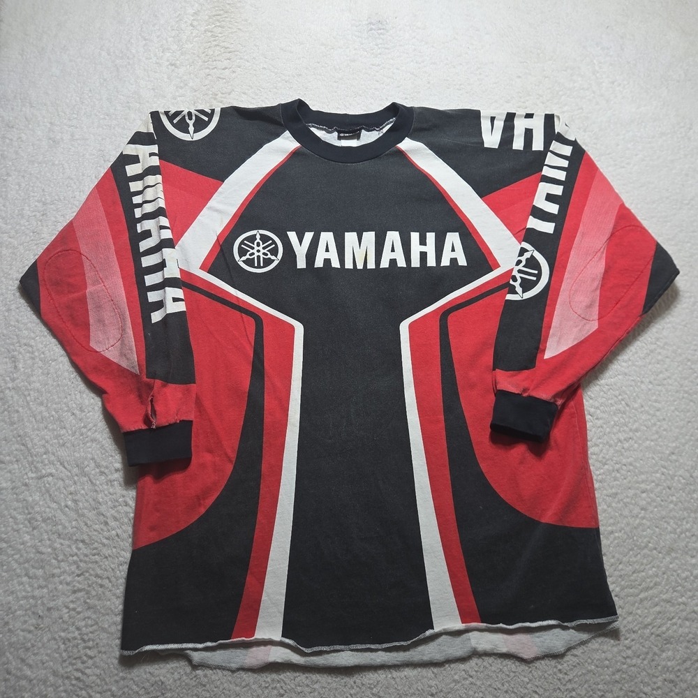 Vintage 90s Yamaha Motocross Jersey AOP  Shirt Mens XL Black Red Faded Grunge